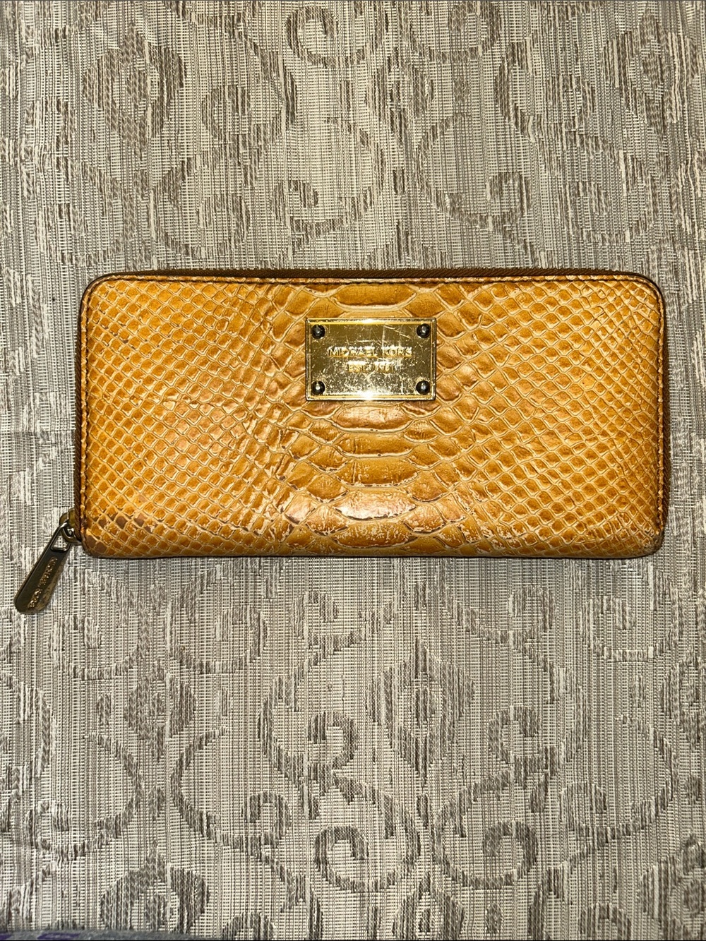 Michael Kors MK Mustard Snake-Embossed Zip-Around Wallet with Gold Plate